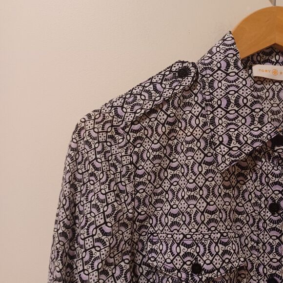 Tory Burch Brigitte Button-Down Blouse Carinthia Navy Sz 8 Work Career Designer - Picture 4 of 7